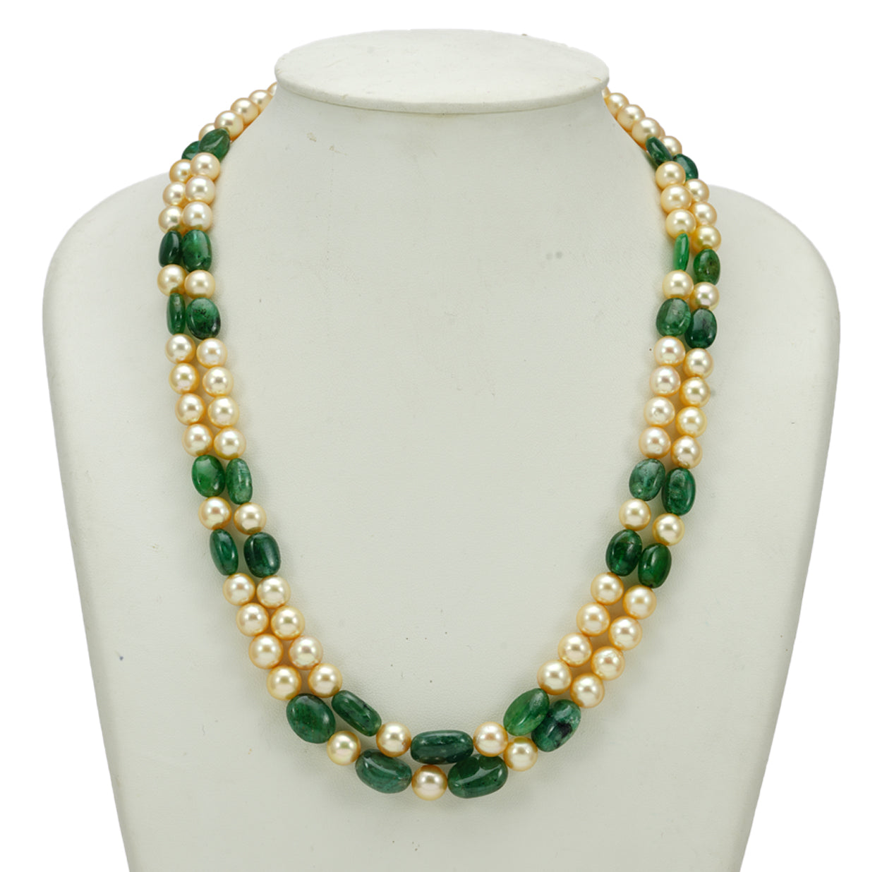 Natural Emerald Beads and 7.0-8.0mm Golden Akoya Saltwater Pearls Necklace Set - A Quality