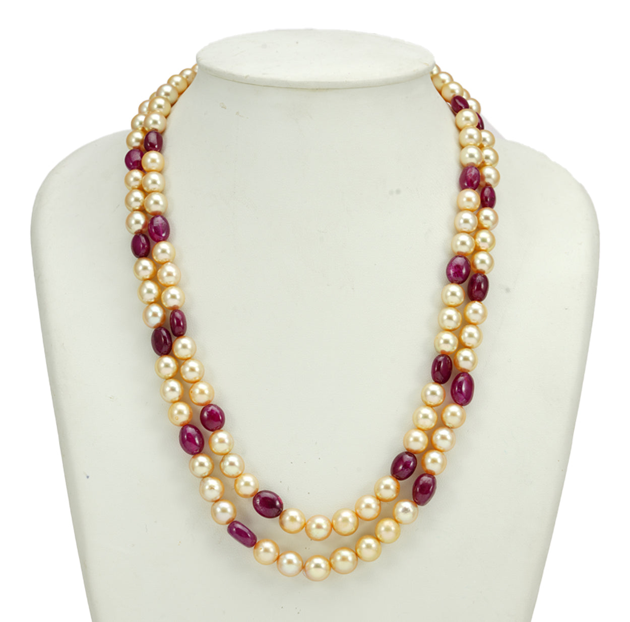 Natural Ruby Beads and 7.0-8.0mm Golden Akoya Saltwater Pearls Necklace Set - AAA Quality