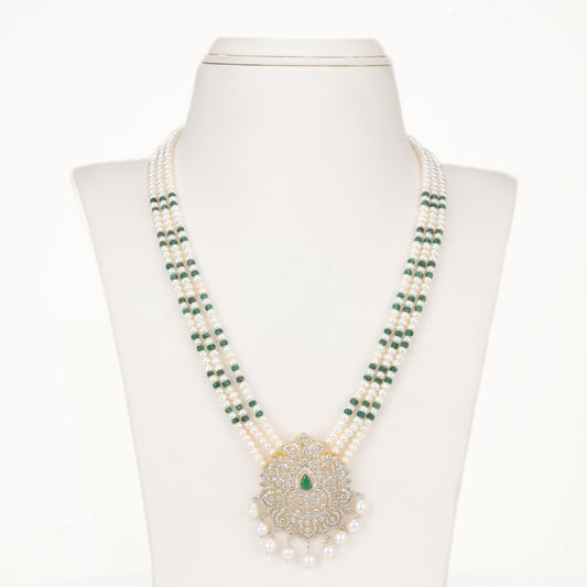 Natural Emerald With Button Freshwater Pearl Necklace Set