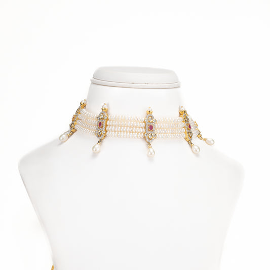 Sparkling Red Stone Freshwater Pearl Choker Set