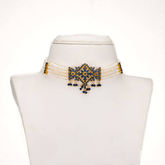 Designer Dark Blue Stone Freshwater Pearl Choker Set