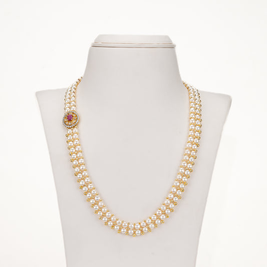 Stunning Red Stone Side Piece Freshwater Pearl Necklace and Earring Set