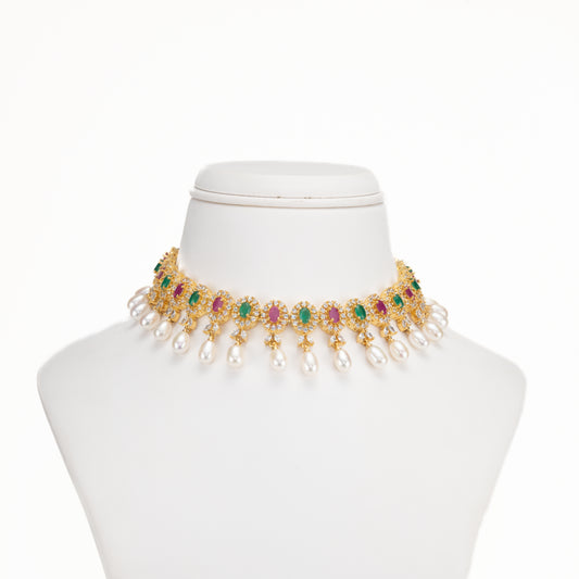 Feminine Drop Red Green Multicolor Freshwater Pearls Choker Set