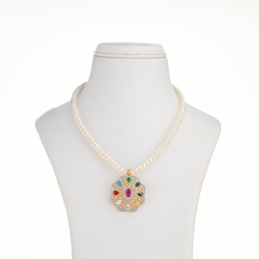Vintage Navratna Stone Freshwater Pearl Necklace Set