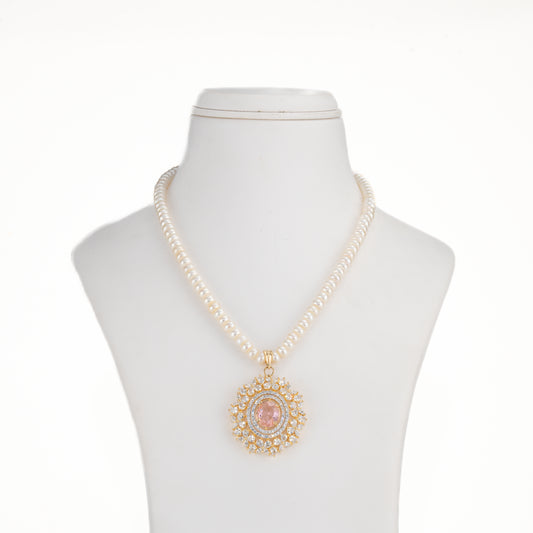 Floral Pink Stone Freshwater Pearl Necklace Set