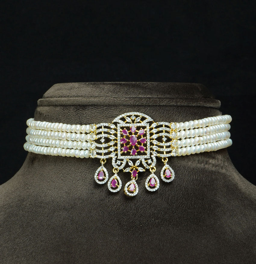 Charming Red Stone Freshwater Pearl Choker Set