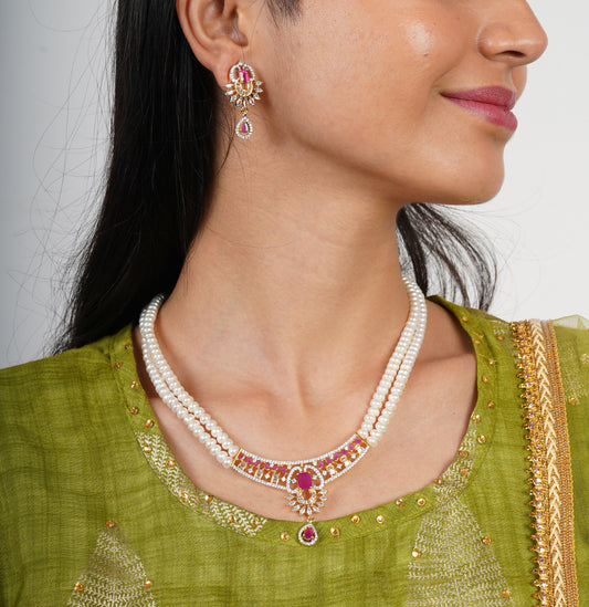 Designer Red Stone Freshwater Pearl Necklace Set