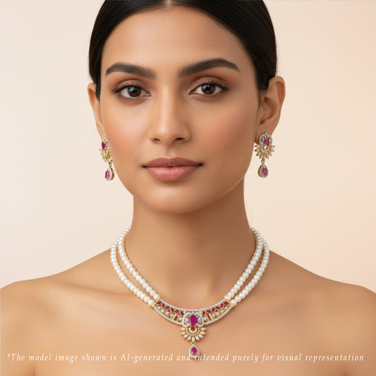 Designer Red Stone Freshwater Pearl Necklace Set