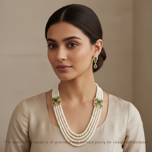 Innovative Green Stone Side Pieces Freshwater Pearl Necklace Set