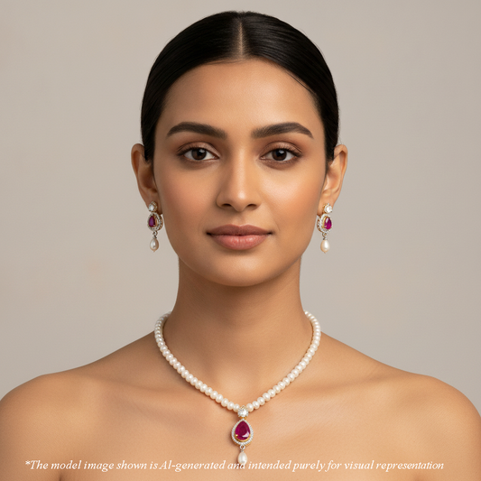 Designer Red Stone Freshwater Pearls Necklace Set