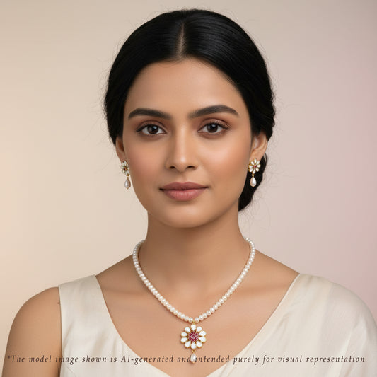 Shiny Red Stone Freshwater Pearl Necklace Set