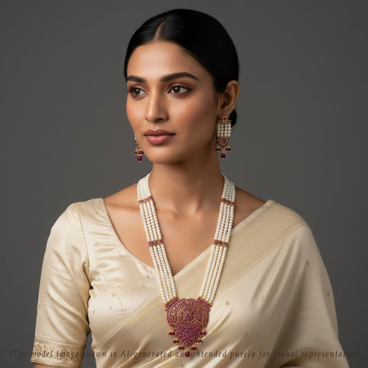 Traditional Rani Haar Red Stone With Freshwater Pearl Necklace Set