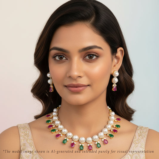 Feminine Drop Red Green Multicolor Freshwater Pearls Choker Set