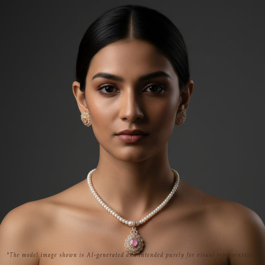 Floral Pink Stone Freshwater Pearl Necklace Set