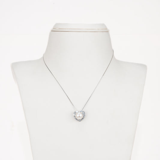 Heart-Shaped Silver White Stone Freshwater Pearl Necklace Set