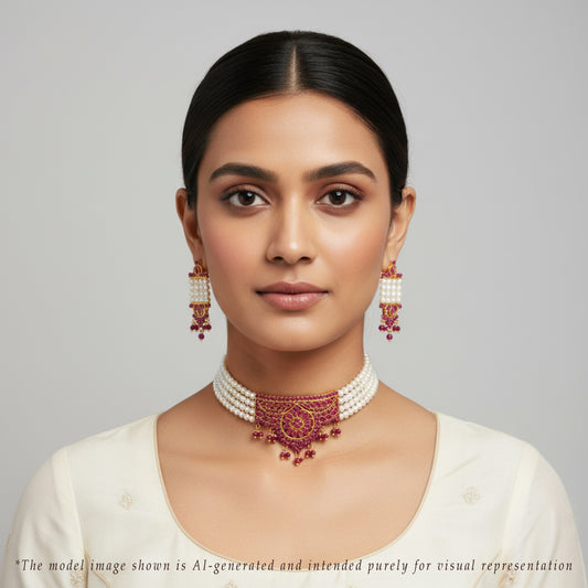 Exotic Red Stone Freshwater Pearl Choker Set