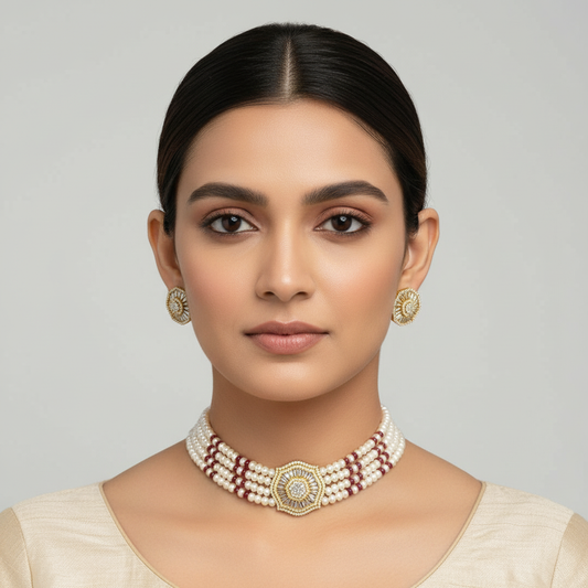 Floral Natural Ruby Freshwater Pearl Choker Set