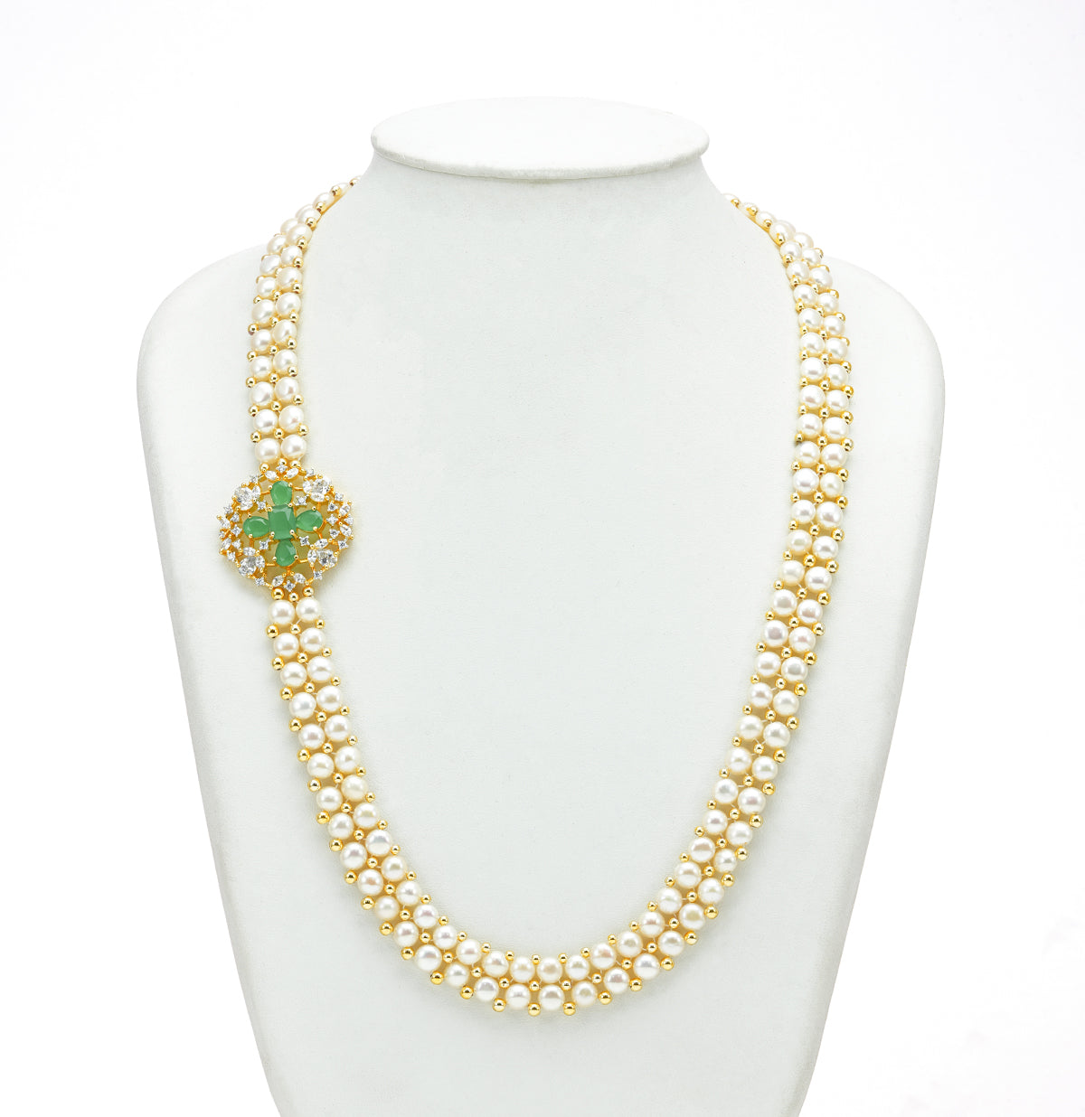 Regal Button Fancy Green Stone Freshwater Pearl Necklace Set