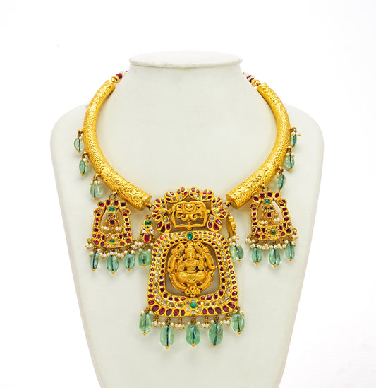 Designer Gold Red and Green Stone Kundan Necklace