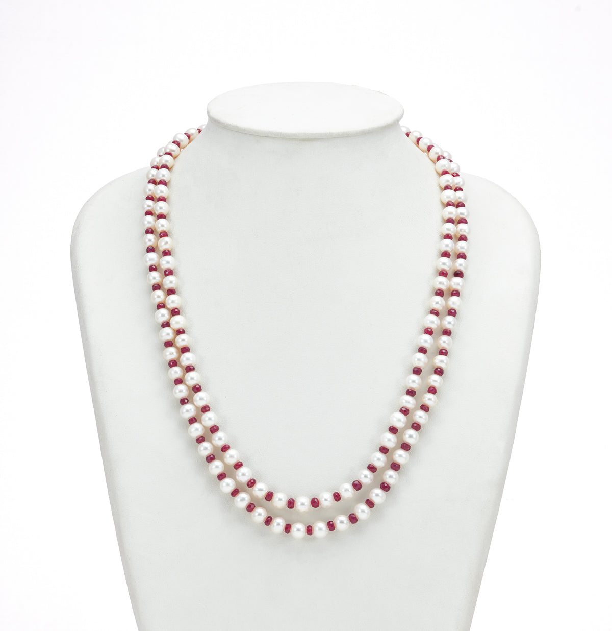 Natural Ruby And 6.0-7.0mm White Near Round Freshwater Pearl Necklace Set AA Quality