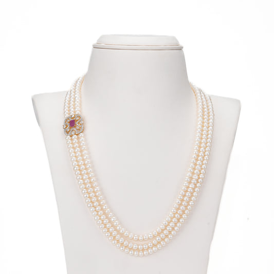 Stunning Red Stone Side Piece Freshwater Pearl Necklace and Earring Set