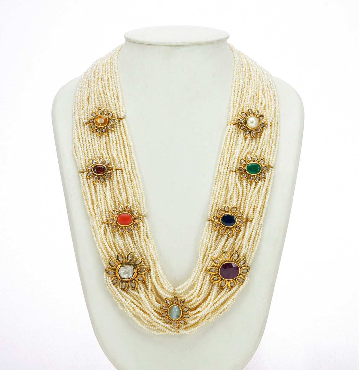 Sophisticated Seed Pearl Navratan Side Pieces Necklace