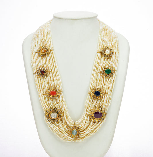 Sophisticated Seed Pearl Navratan Side Pieces Necklace