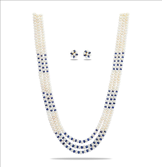 Natural Blue Sapphire And 5.0-6.0mm Button Freshwater Pearl Necklace Set - AA Quality