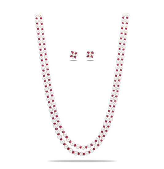 Natural Ruby And 6.0-7.0mm White Near Round Freshwater Pearl Necklace Set AA Quality