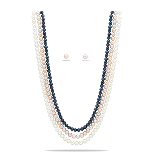 6.0-7.0mm Tricolor Near Round Freshwater Pearl Necklace Set - A Quality