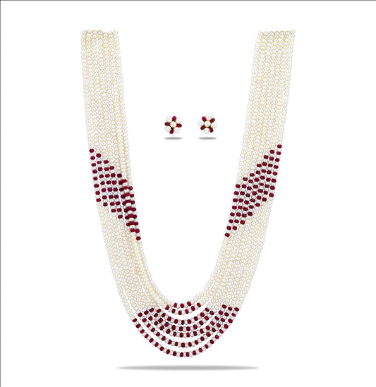 Ethereal Natural Ruby And 3.0-4.0mm Button Freshwater Pearl Mix Necklace Set- AAA Quality