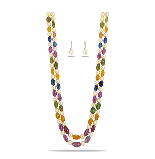 Natural Navaratan Beads and 7.0-8.0mm Cream Akoya Pearls Necklace Set - A Quality