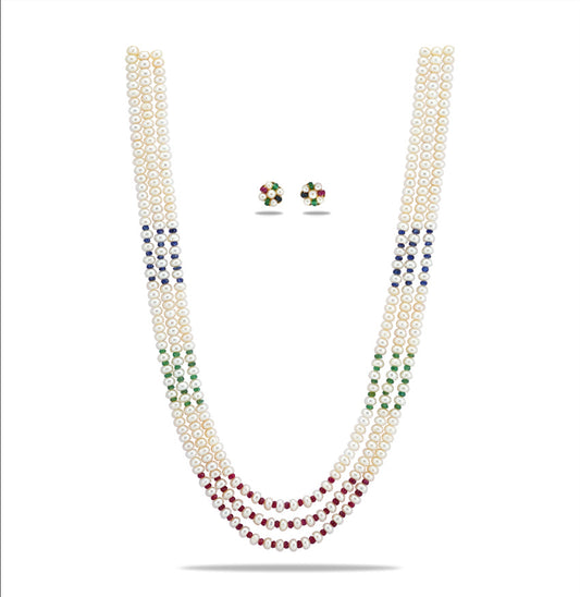 Natural Mix Ruby & Sapphire & Emerald And 5.0-6.0mm Button Freshwater Pearl Necklace Set - AA Quality