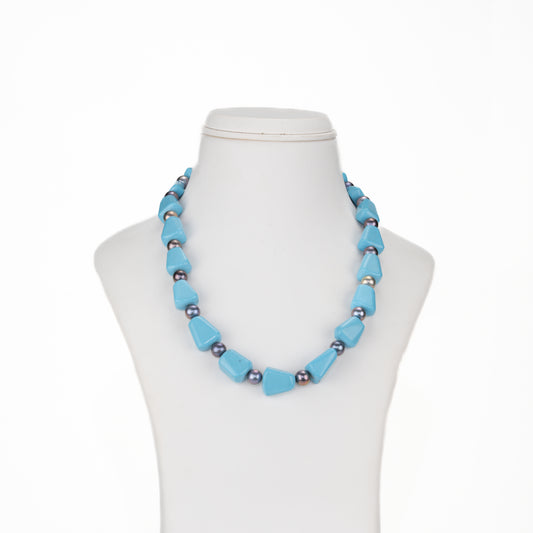 Light Blue Semi Precious Beads & Black Freshwater Pearl Necklace