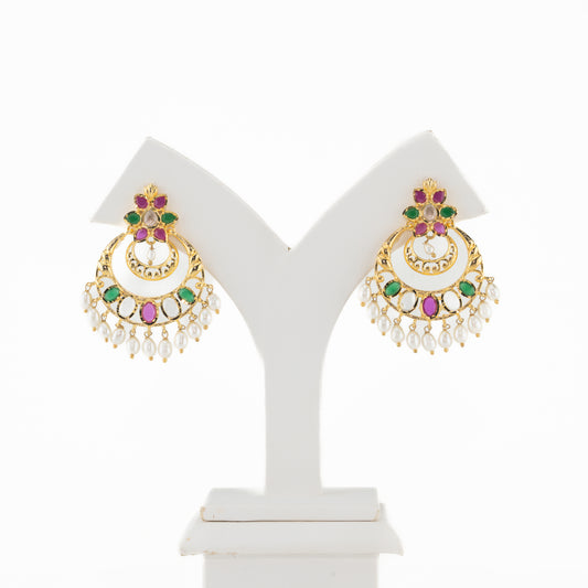 Designer Red Green Multicolor Chand Bali With Freshwater Pearl Drop