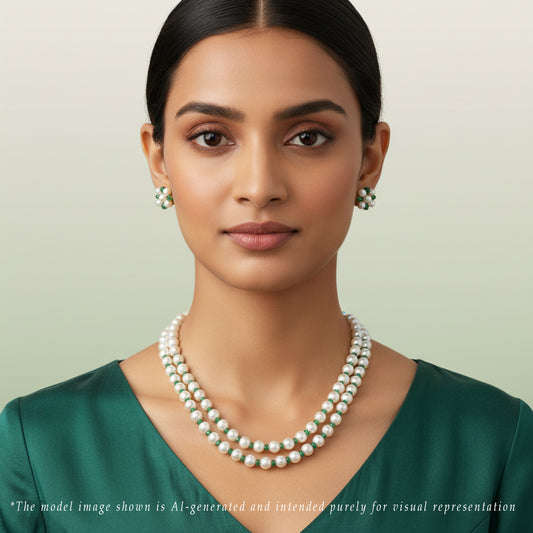 Natural Emerald With 6.0-7.0mm Near Round Freshwater Pearl Necklace Set-AA Quality