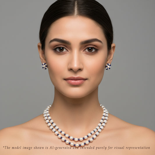 Natural Blue Sapphire And 6.0-7.0mm Near Round Freshwater Pearl Necklace Set - AA Quality