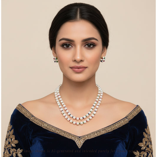 Natural Ruby & Emerald & Sapphire And 6.0-7.0mm Near Round Mix Freshwater Pearl Necklace set-AA Quality