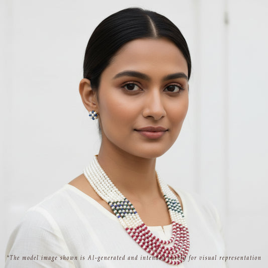 Natural Mix Ruby & Sapphire 3.0-4.0mm Button Freshwater Pearl Necklace Set - AAA Quality