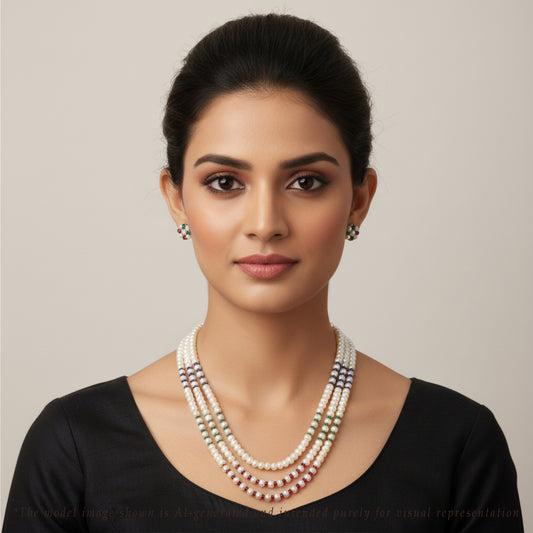 Natural Mix Ruby & Sapphire & Emerald And 5.0-6.0mm Button Freshwater Pearl Necklace Set - AA Quality