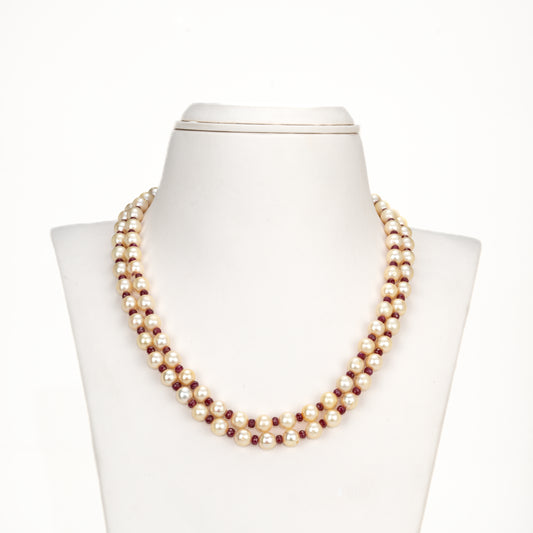 Natural Ruby and 7.0-8.0mm Golden Akoya Saltwater Pearls Necklace Set - A Quality