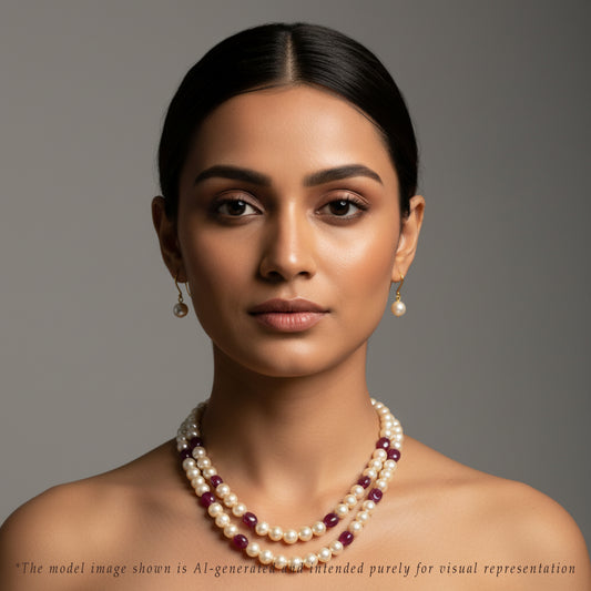 Natural Ruby Beads and 7.0-8.0mm Golden Akoya Saltwater Pearls Necklace Set - AAA Quality