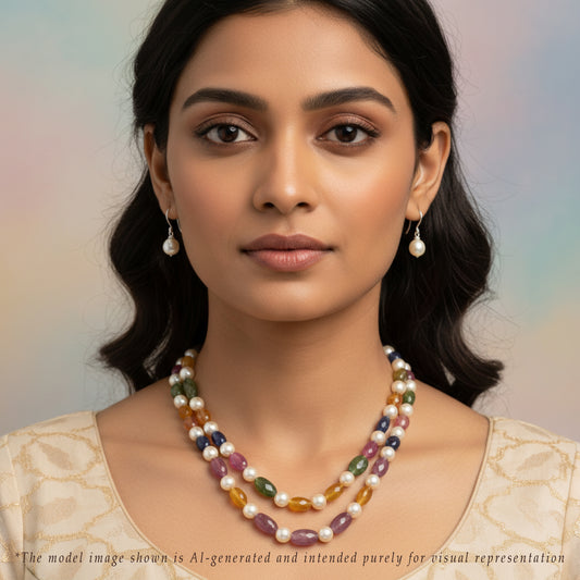 Natural Navaratan Beads and 7.0-8.0mm Cream Akoya Pearls Necklace Set - A Quality