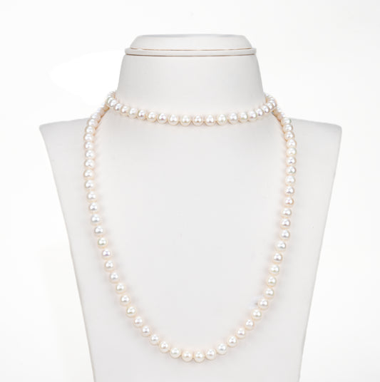 7.0-8.0mm White Near Round Opera Freshwater Pearl Neckalce Set - A Quality