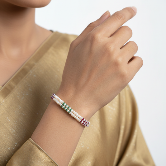 5.0-6.0mm Natural Ruby Emerald Blue Sapphire Button White Freshwater Pearl Bracelet