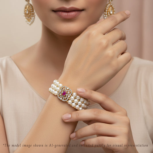 Fancy Button Red Stone White Freshwater Pearl Bracelet