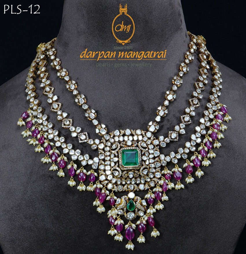 Majestic Three Layered Polki, Ruby and Pearl Necklace