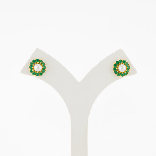 Precious Green Stone White Freshwater Pearl Stud Earrings