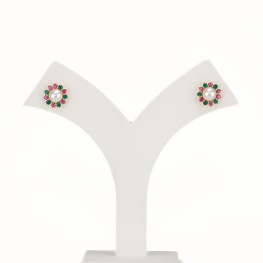 Floral Red Green Multicolor Freshwater Pearl Stud Earrings
