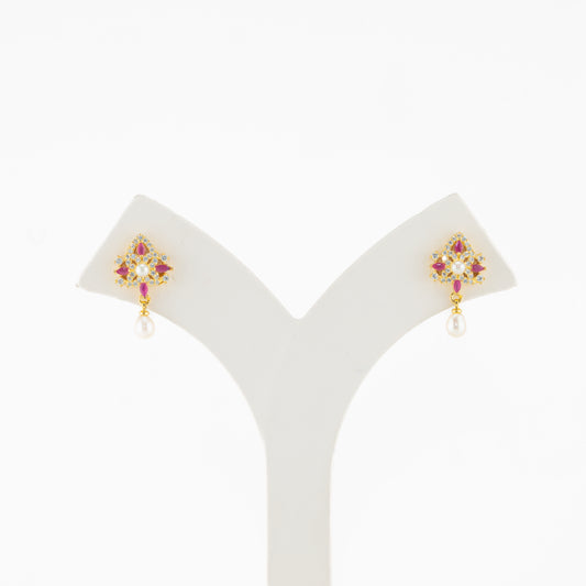 Estelle Red Stone Freshwater Pearl Stud Earrings